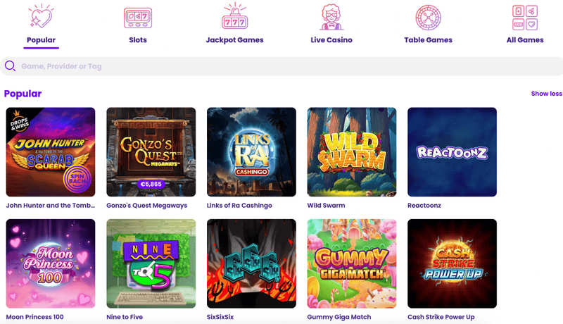 Slots and games at Wildz Canada Casino